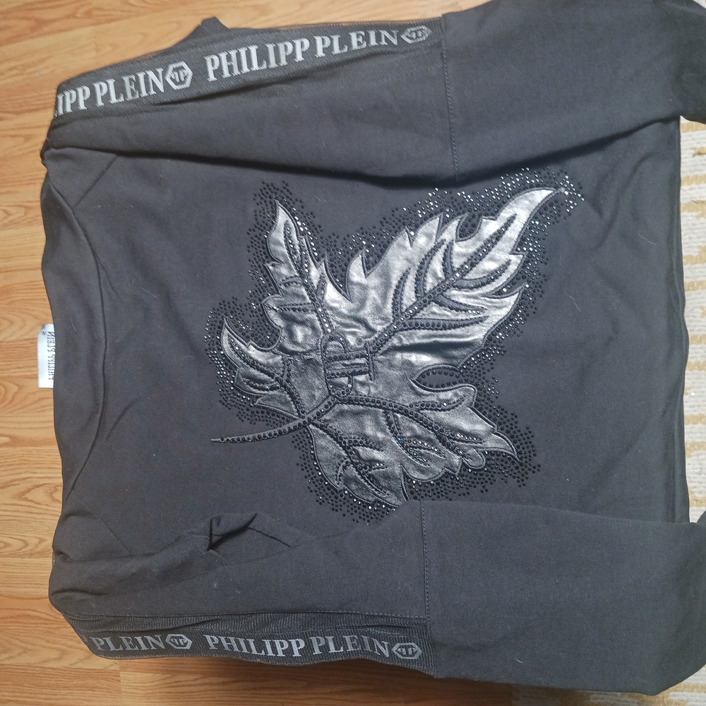 Philipp Plein Black Sweatshirt with Silver Leaf Design